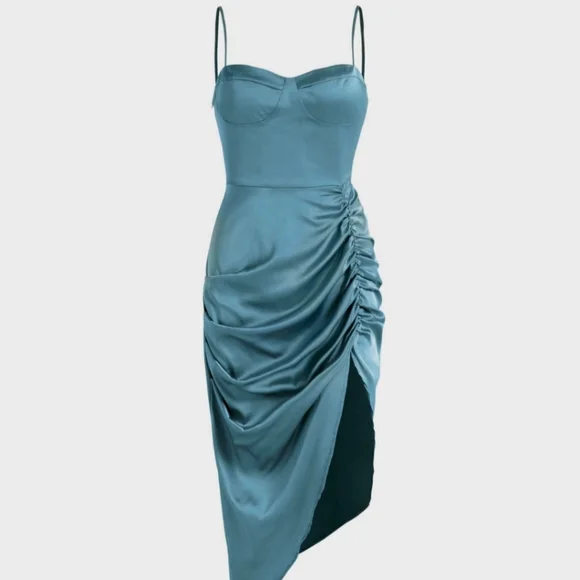 Cider Illusion Ruched Lightweight Satin Midi Dress Sculpted Silhouette Bold Abstract Print for Weddings Graduation Vacation Evenings Summer,S/Green